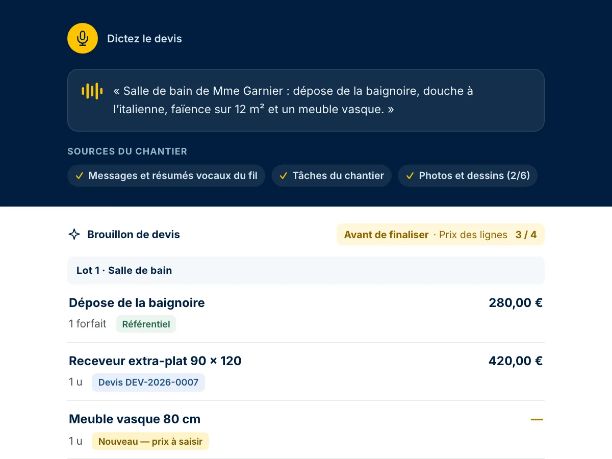 Un devis dicté dans Kalepin : la consigne et les sources du chantier, puis le brouillon par lots et lignes, avec la provenance de chaque prix