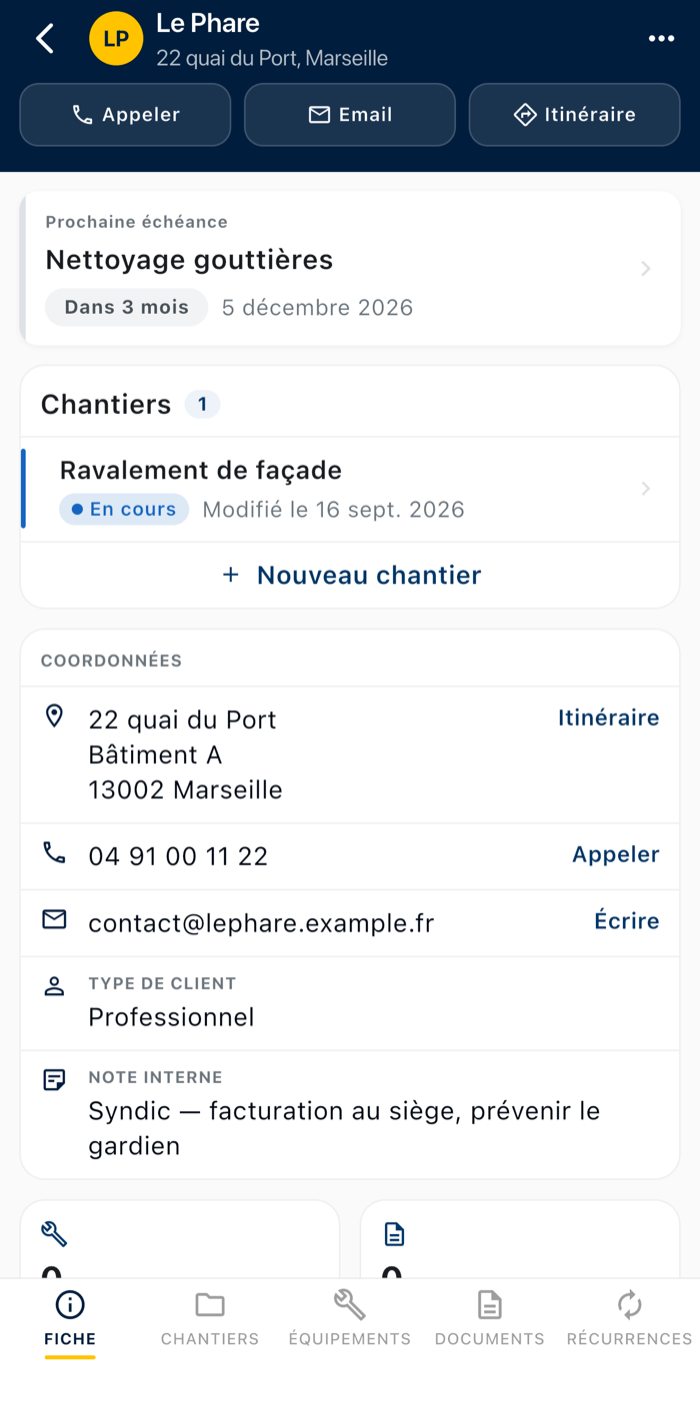 La fiche d’un client dans Kalepin, avec ses équipements et ses entretiens récurrents