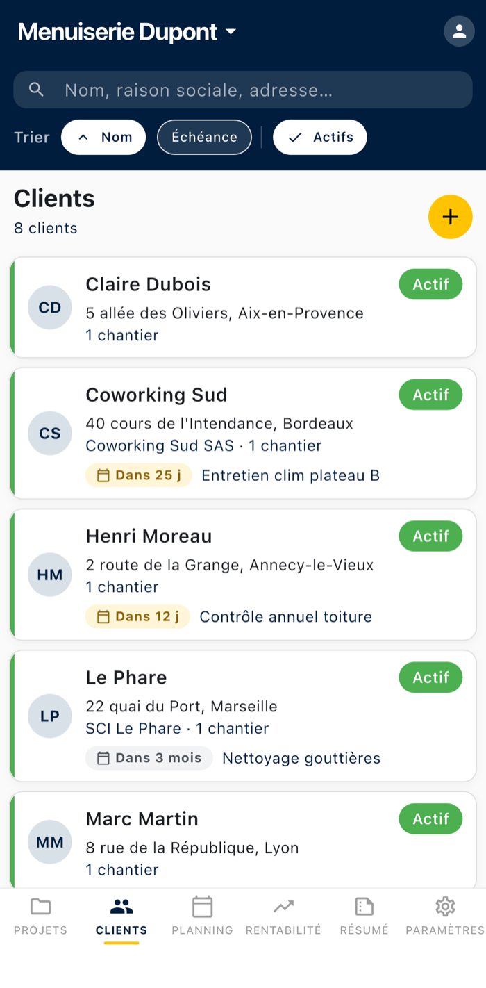 La liste des clients dans Kalepin