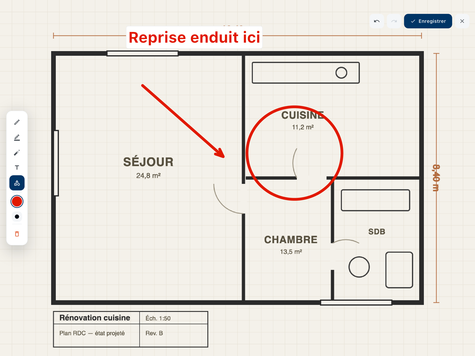 Plan de rénovation annoté dans Kalepin : reprise d’enduit indiquée par une flèche, un cercle et une note