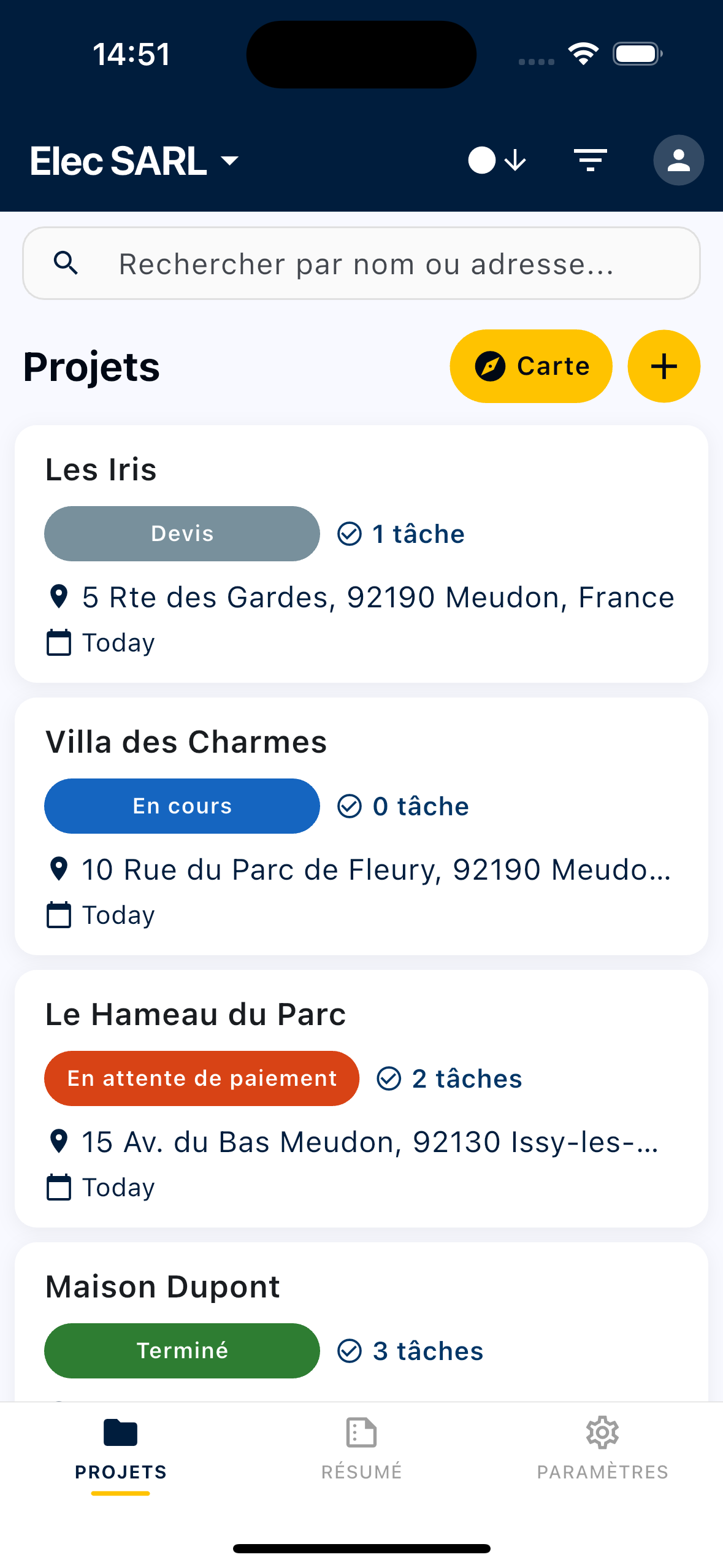 Kalepin sur iPhone — liste des projets