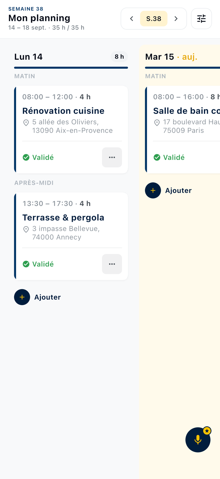 « Mon planning » d’une équipière dans Kalepin : sa semaine, avec les heures validées par chantier
