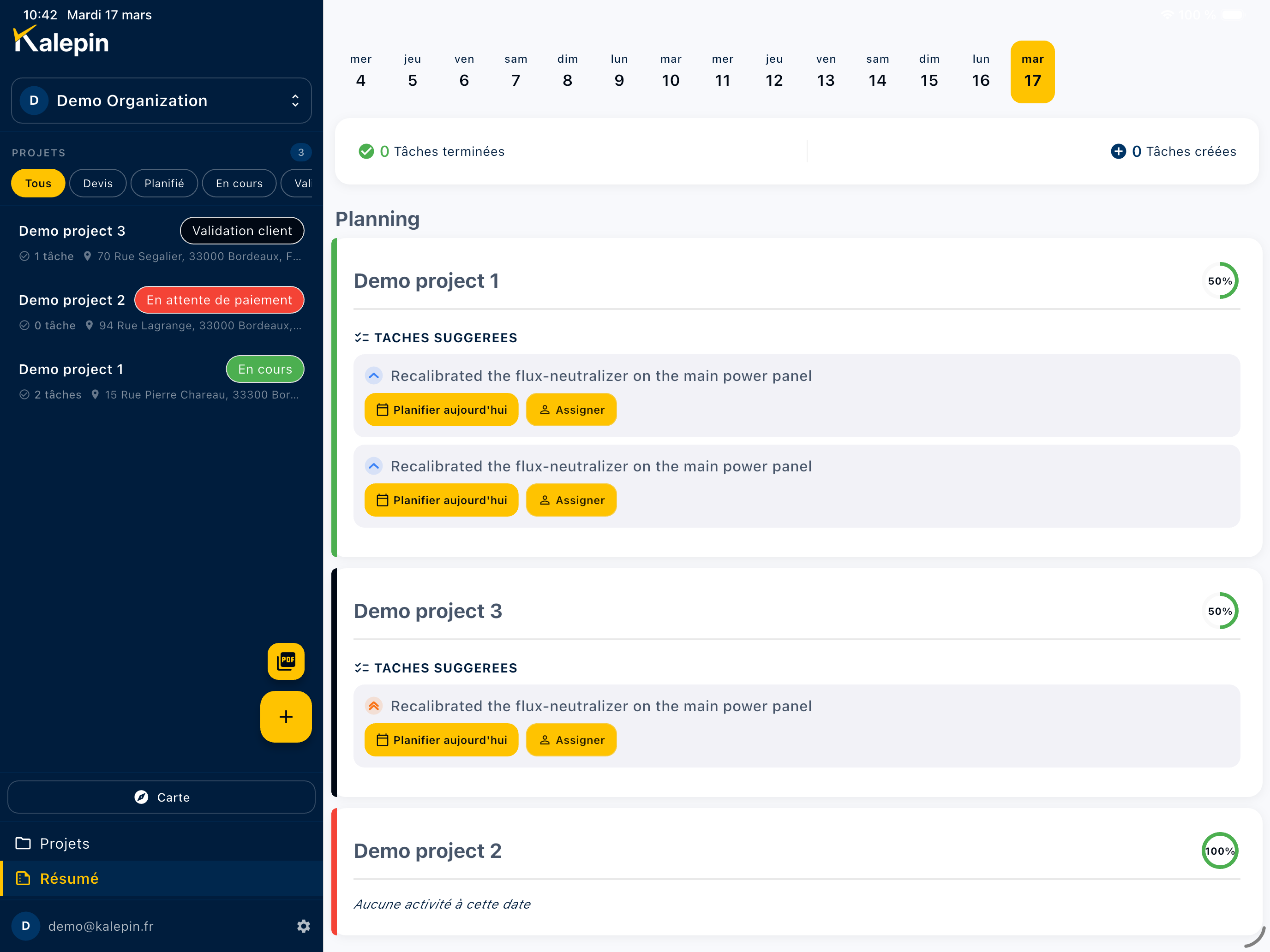 Écran de planning quotidien avec résumé des tâches par chantier
