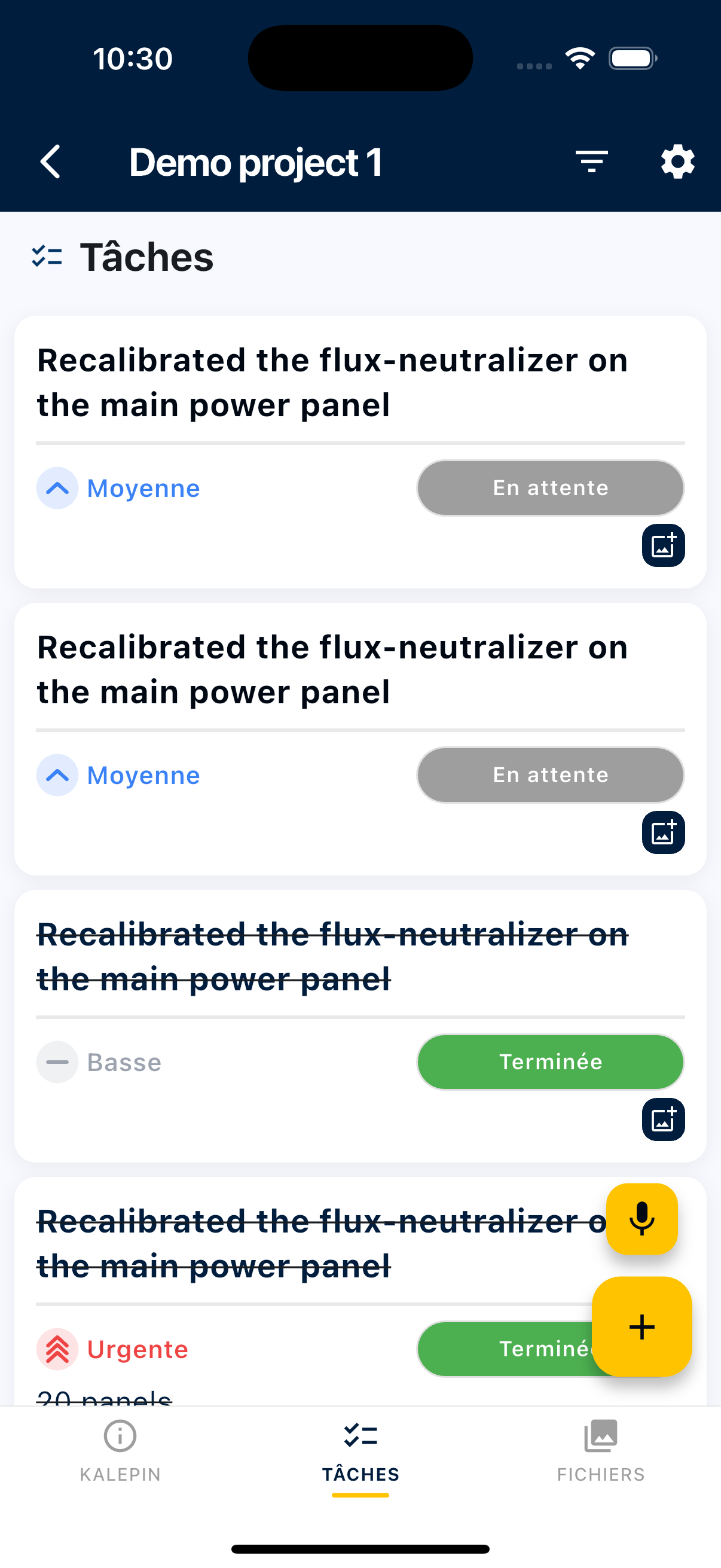 Liste des tâches d'un projet dans l'application Kalepin